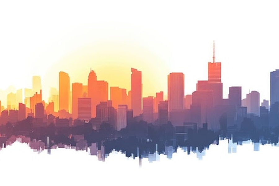 Une métropole moderne s'élevant sous un soleil radieux, évoquant la vigueur économique et l'évolution du taux de change international.