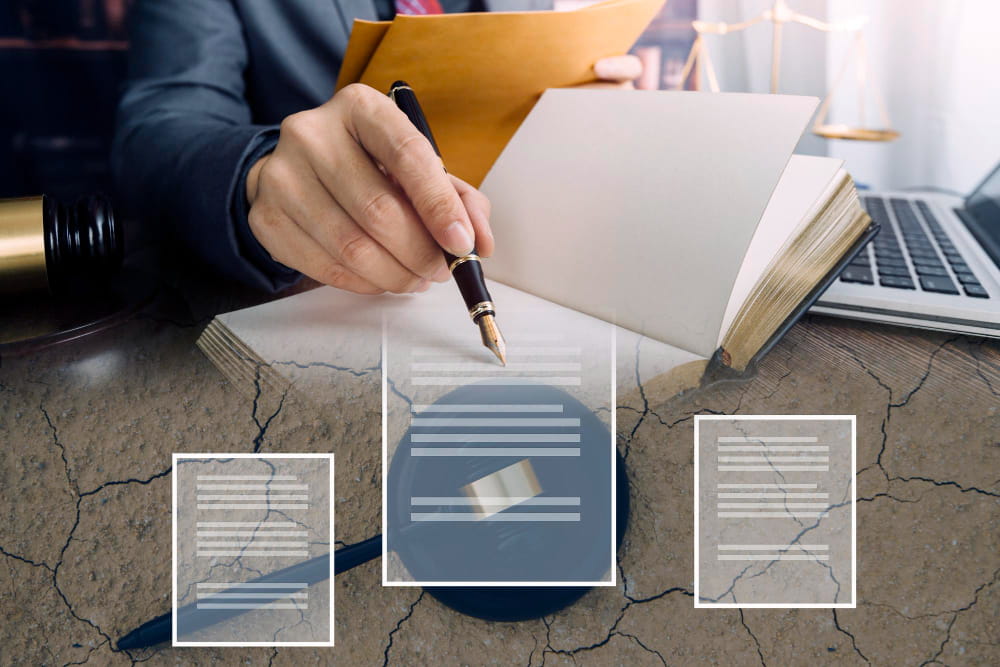 Gros plan d'un professionnel du droit signant un document officiel à côté d'un livre ouvert pour illustrer la mise en œuvre de la Réglementation MiCA