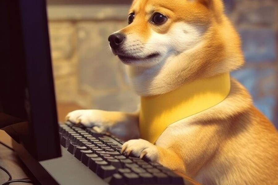 Un chien Shiba Inu concentré devant son écran d'ordinateur pour suivre le shiba inu crypto cours.