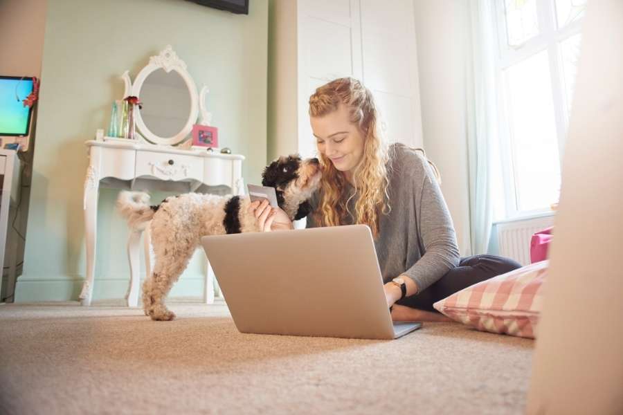 Une jeune femme utilise son ordinateur portable sur le tapis avec son chien à ses côtés pour assurer un animal de compagnie.