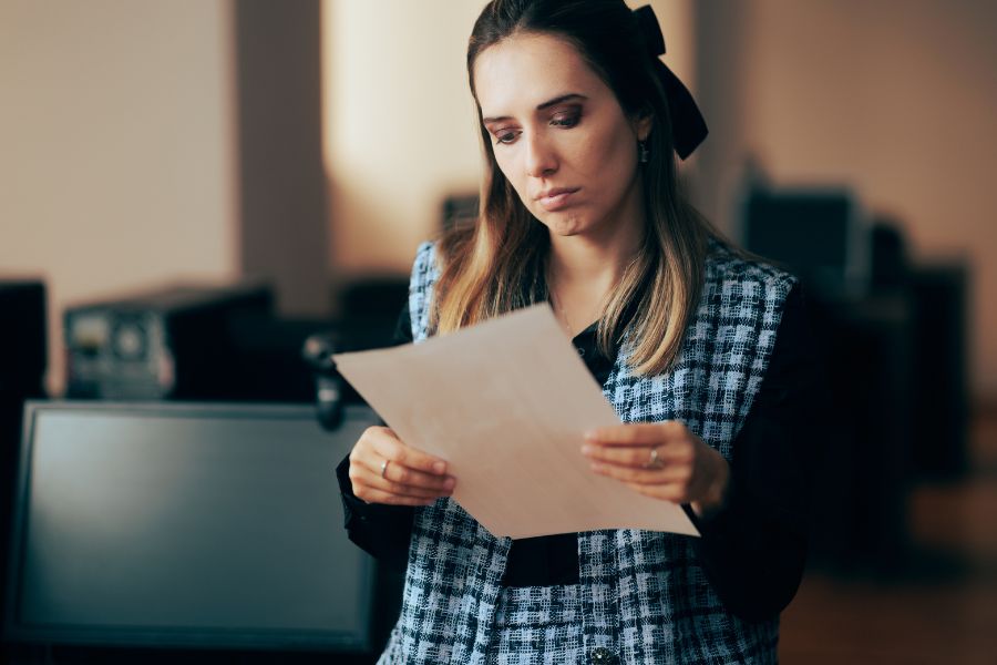 Une femme en costume lit attentivement un document de contrat pour repérer les clauses d'exclusion.